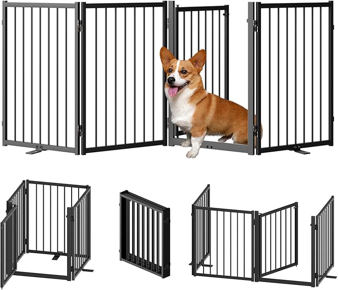 Full Metal Freestanding Dog Gate with Door, 24&
