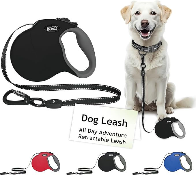 DOCO Retractable Dog Leash for Large Dogs (Length - 16’, Weight - Upto 110lb) Reflective Tape Lead with Stop and Lock Control, Tangle Free 360° Swivel Snap &amp; Anti-Slip Grip (Black, Large)