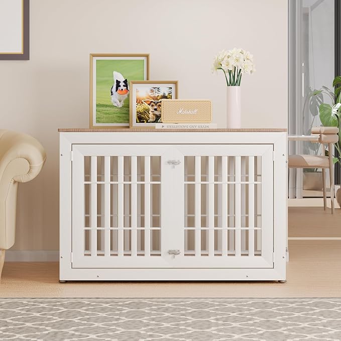 48" Heavy Duty Dog Crate Furniture for Small,Medium and Large Dogs,Rustic Wooden Dog Cage Kennel Indoor Furniture with Waterproof Top,Decorative Pet House Side End Table (White &amp; Wood)