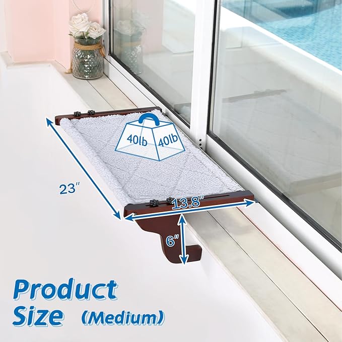 Easy Seat Cat Perch for Window Sill - Hammock Design w/Premium Wood &amp; Robust Metal Frame - Cat Window Seat for Large Cats and Kittens (Dark Stained Wood w/Gray Bed, Medium (23&
