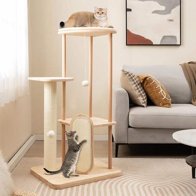 Tangkula Wood Cat Tree for Indoor Cats, Multi-Level Modern Cat Tower with Sisal Scratching Board &amp; Post, Padded Perch, Platform, Hanging Toy, Minimalist Kitten Activity Center for Small &amp; Medium Cats