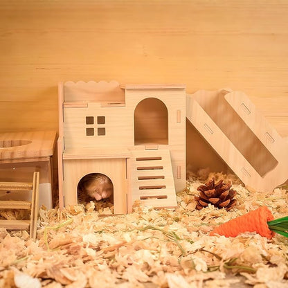 Multi-Chamber Hamster Hideout &amp; House, Natural Wood Small Animal Cage Accessories for Dwarf Hamsters, Gerbils and Mice – Ventilated Design with Structure