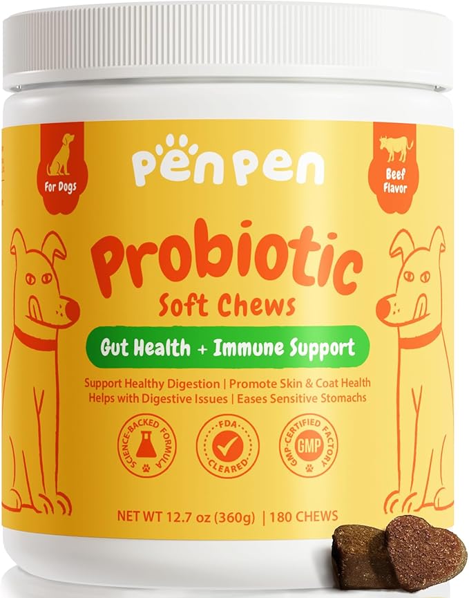 Penpen Probiotics for Dogs, Dogs Probiotics for Digestive Health, Multi-Probiotic and Enzyme Blend Promote Gut Health &amp; Immune Support, Eases Sensitive Stomachs (Beef Chews, 180ct)