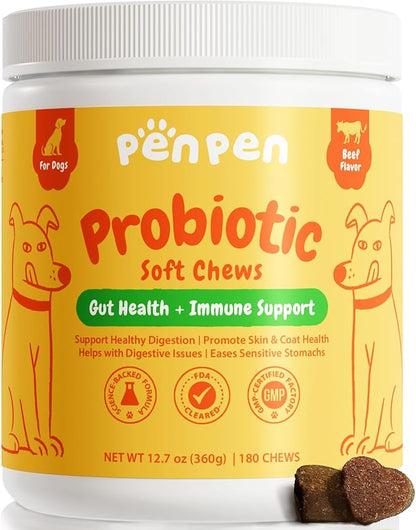 Penpen Probiotics for Dogs, Dogs Probiotics for Digestive Health, Multi-Probiotic and Enzyme Blend Promote Gut Health &amp; Immune Support, Eases Sensitive Stomachs (Beef Chews, 180ct)