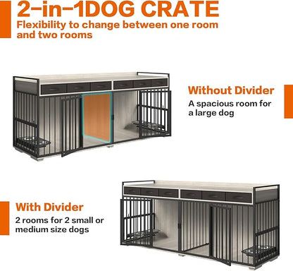 86.6inch Dog Crate Furniture with Storage,Furniture Style TV Stand Dog Kennel for 2 Dogs,with 6 Drawers,Removable Divider&amp;Adjustable Bowls,Heavy Duty Metal Chew-Resistant Dog Crate Furniture