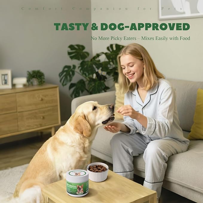 Dog Dental Care Powder - Plaque &amp; Tartar Control with Natural Enzymes, Teeth Cleaning Powder for Dogs with Probiotic, Bad Breath Treatment for Small Medium Large Dogs