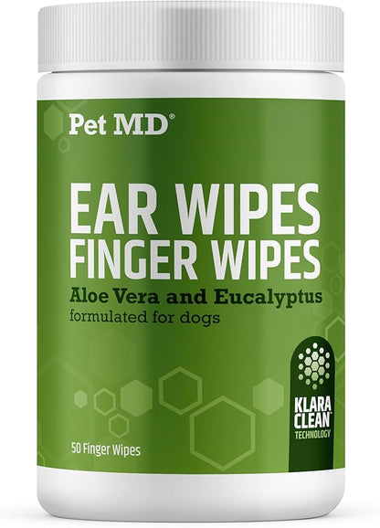 Pet MD Ear Finger Wipes for Dogs - Extra-Coverage and Large Design - with Eucalyptus and Aloe Vera for Dogs - Pet Ear Cleaning Finger Wipes &amp; Puppy Ear Cleaner - 50ct