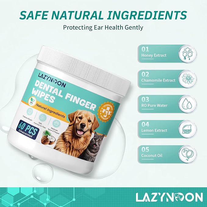 LAZYNOON Dog Teeth Cleaning Wipes - Dog Dental Wipes, Pet Dental Finger Wipes for Dogs &amp; Cats Teeth with Brushing Beads, Removes Plaque and Tartar Buildup, Freshens Breath, 60 Count