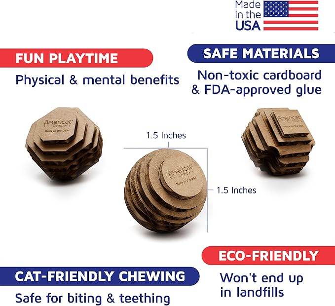 Cat Ball Toys by Americat – Made in USA – Safe Cardboard Cat Toys – for Interactive and Independent Play, Exercise &amp; Stress Relief for All Breeds &amp; Ages (Variety Pack of 3 Balls)