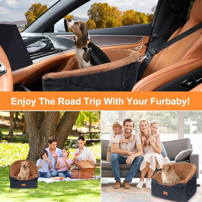 Vivifying Dog Car Seat for Small &amp; Medium Dogs, Detachable &amp; Washable Booster Seat for Pets Up to 30lbs, Travel Bed with Storage Pockets and Safety Belt – Brown&amp;Black