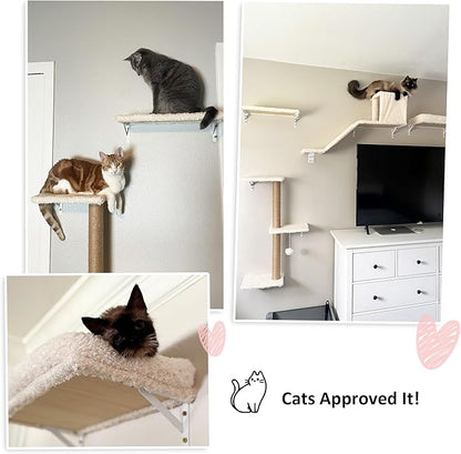 FUKUMARU Cat Wall Shelves, Stable &amp; Safe 4 in 1 Large Cat Walls Furniture Set, Wooden Kitten Climbing Wall with Scratching Post for 16 Inch Drywall - Beige