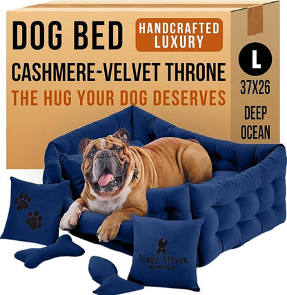Luxury Dog Bed Chesterfield – Handcrafted Velvet Throne for Dogs | Joint Support, Calming &amp; Temp-Regulating Comfort | Durable 5+ Years, Anti-Claw, Washable 100+ Times – L, Blue