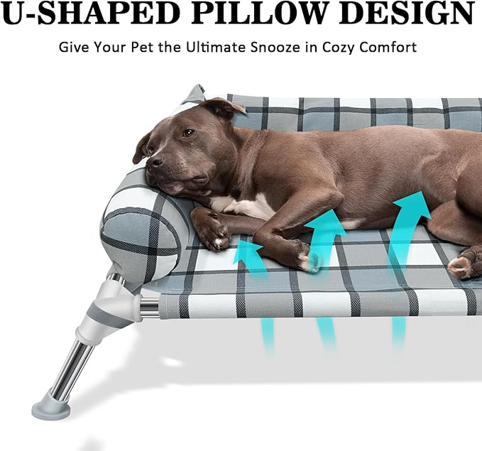 Elevated Raised Dog Bed Cot - Cooling Raised Dog Bed with Bolster Portable Washable Pet Hammock with Pillows &amp; Metal Frame for Indoor &amp; Outdoor, Large