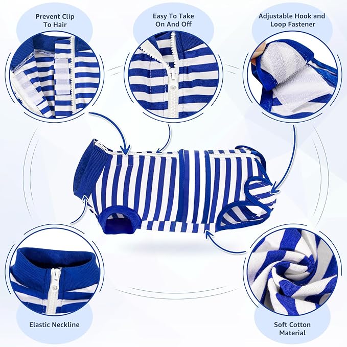 Lukovee Recovery Suit for Dogs - Zipper Onesie for Female &amp; Male Dogs, Abdominal Wounds Cone E-Collar Alternative, Prevent Licking - Spay Recovery Suit (Small, Blue &amp; White)