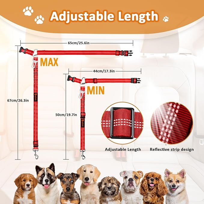 Removable Dog Seat Belt Harness for Car, 3 in 1 Pet Dog Car Seatbelt Leash, Retractable Restraint Secures to Vehicle Headrest &amp; Adjustable Reflective Bungee Dog Seatbelt Tether, Red