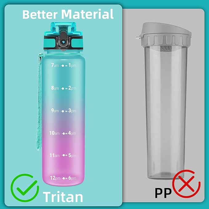 OLDLEY 32 oz Water Bottle, Motivational Water Bottle with Time Marker, Sports Water Bottle With Strap, Leakproof &amp; BPA Free Large Water Bottles for School, Gym, Travel,Tritan,Green&amp;Purple
