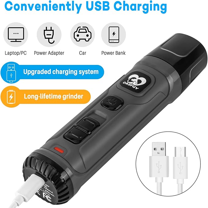 Casfuy Dog Nail Grinder with 2 LED Light - New Version 2-Speed Powerful Electric Pet Nail Trimmer Professional Quiet Painless Paws Grooming &amp; Smoothing for Small Medium Large Dogs and Cats (Grey)
