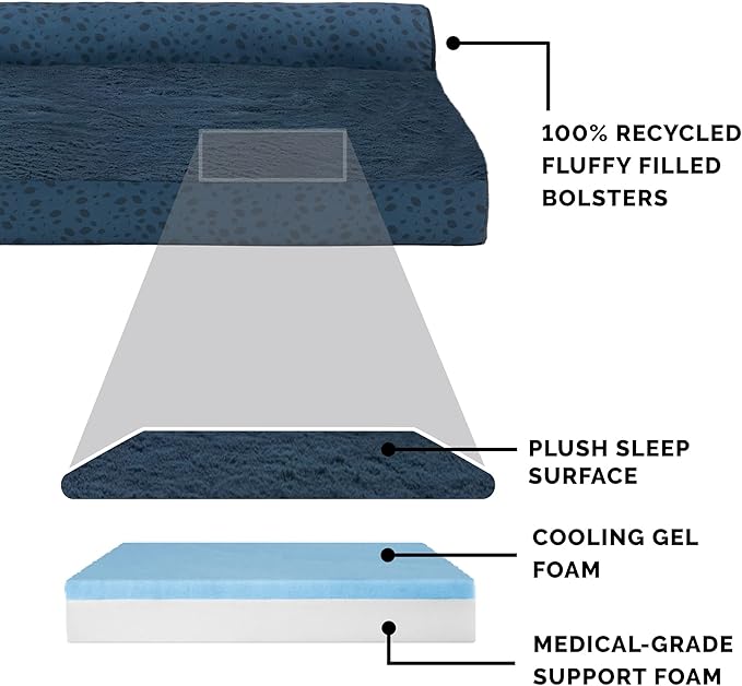Furhaven Cooling Gel Dog Bed for Large/Medium Dogs w/ Removable Bolsters &amp; Washable Cover, For Dogs Up to 55 lbs - Plush &amp; Almond Print L Shaped Chaise - Blue Almonds, Large