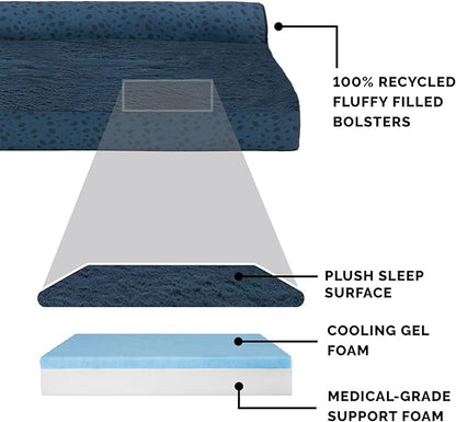 Furhaven Cooling Gel Dog Bed for Large/Medium Dogs w/ Removable Bolsters &amp; Washable Cover, For Dogs Up to 55 lbs - Plush &amp; Almond Print L Shaped Chaise - Blue Almonds, Large