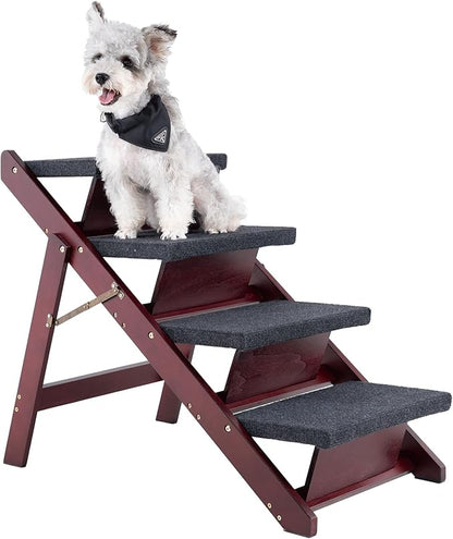 MEWANG Wooden Pet Stairs/Pet Steps - 3-in-1 Foldable Stairs &amp; Ramp for Tall Beds and Cars - Portable Dog/Cat Ladder Up to 220 Pounds - for Small and Older Animals(Brown) (31.5" L x 17.2" W x 25.0" H)
