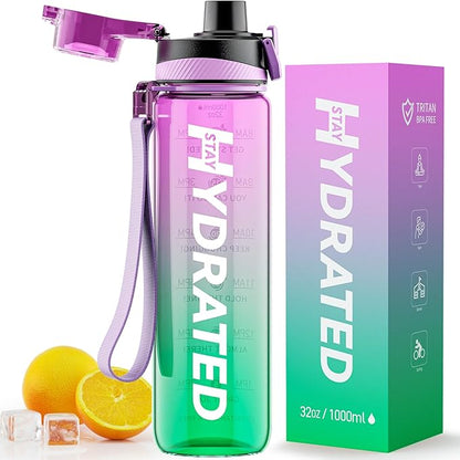 Water Bottle, 32 oz Motivational Water Bottles with Time Marker-Tritan &amp; BPA Free, Sports Water Bottle with Time to Drink &amp; Strap, Wide Mouth, Leakproof -Gift for Christmas Gym Fitness &amp; Outdoor