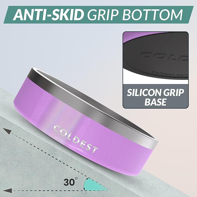 Coldest Dog Bowl - Anti Rust Metal, Non Slip, 3 Layers Insulated Stainless Steel Dog Bowls - Spill Proof &amp; Heavy Duty - Water Bowl for Dogs, Cats, Dish Washer Safe (42 oz, Saturns Purple Glitter)