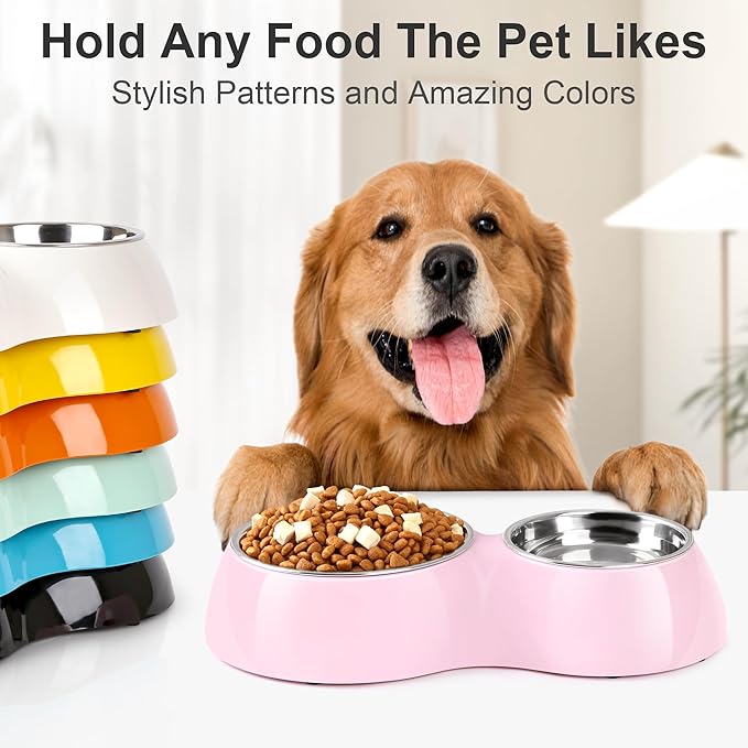 Elevated Dog Bowls Set - Non-Slip Raised Pet Feeder with Medium (10 oz) &amp; Large (20 oz) Stainless Steel Bowls - Includes Durable Resin Stand for Puppies, Adult Dogs &amp; Cats - Pink