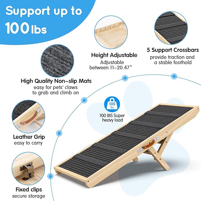 Dog Ramp for Couch, Bed, Wooden Long Pet Stairs for Small &amp; Large Old Dogs &amp; Cats, Hold up to 100lb, Adjustable Height from 11.41" to 20.47", Portable Doggie Steps (39.37" Long)