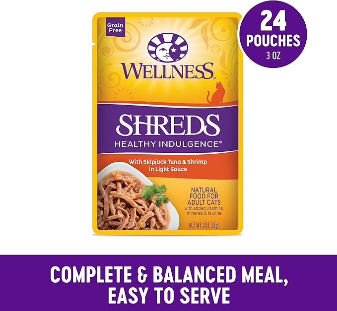 Wellness Healthly Indulgence Shreds Adult Wet Cat Food, Natural, Protein-Rich, Grain Free, 3 Ounce Pouch, 24 Pack, (Tuna &amp; Shrimp)