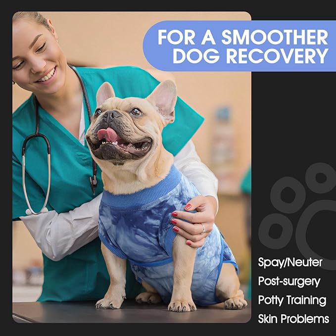 FUAMEY Recovery Suit for Dogs After Surgery,Soft Breathable Dog Bodysuit E-Collar &amp; Cone Alternative Surgical Suit,Male Female Dog Neuter Spay Suits Anti Licking Wounds Onesie Blue Tie Dye XL