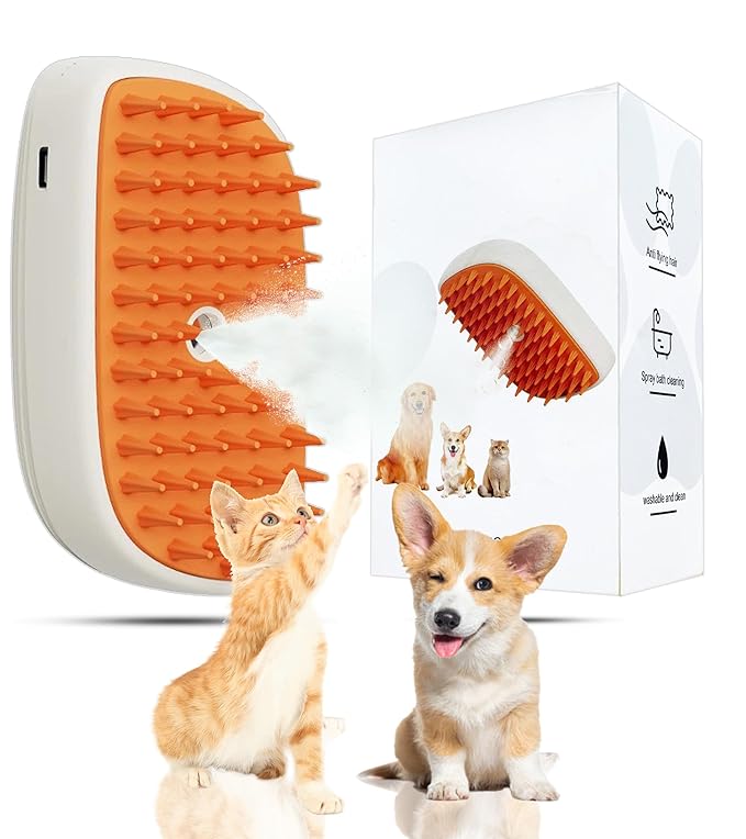 Pet Steam Brush For Cat &amp; Dog - Pets Spray Hair Removal Comb - Cats Indoor Shedding &amp; Grooming Mist Tool - Water Steamer Brushes for Long &amp; Short Haired Dogs - Spritz Defur Comb (Orange)