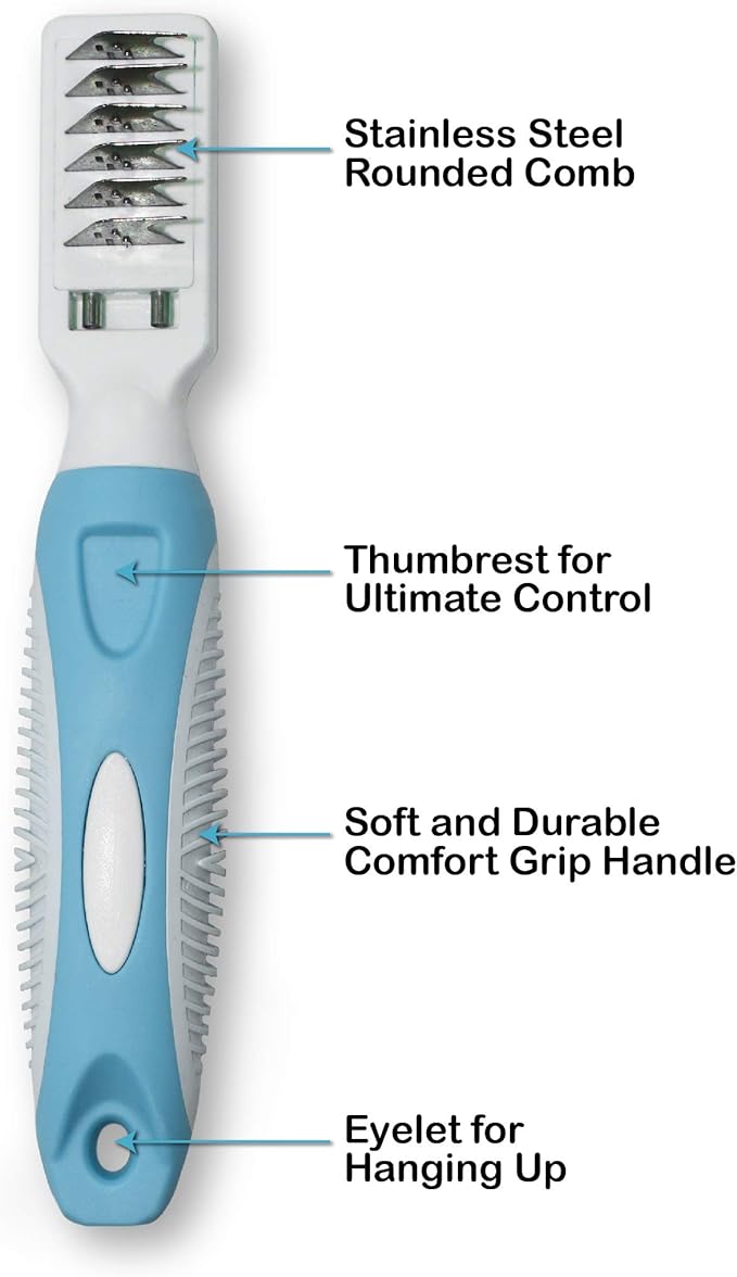 Pets First Professional Pet Mat Remover - Dematting Tool for Grooming Cats &amp; Dogs - Removes Matted Fur, Tangles, Knots, Loose Hair &amp; Dirt - Stainless Steel, Gentle Teeth, Soft Comfort Grip Handle,Blue