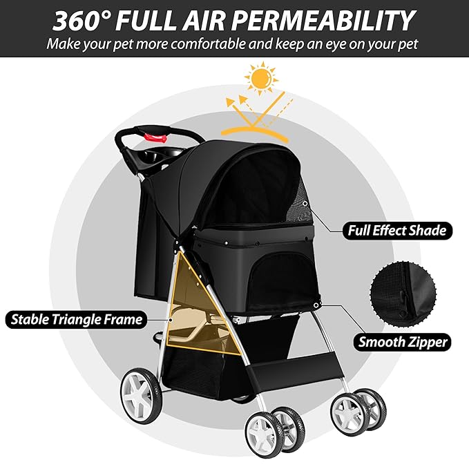 4 Wheels Pet Stroller for Small Medium Dogs Cats 10-33 lbs, Foldable Dog and Cat Stroller with Cup Holder &amp; Storage Basket &amp; Breathable Mesh, Pet Strolling Cart for All-Season, Black