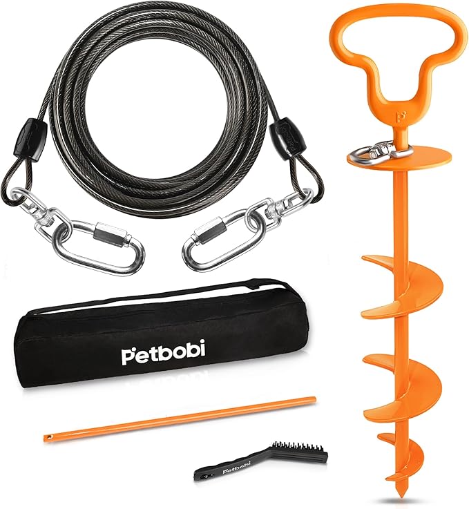 Petbobi Heavy Duty Dog Tie Out Cable and Stake - 40FT Steel Wire Dog Leads for Large Dogs Up to 300lbs, Anti Rust Spiral Stake with Strong Leash &amp; 360° Swivel Hooks - Ideal for Yard, Outdoor &amp; Camping