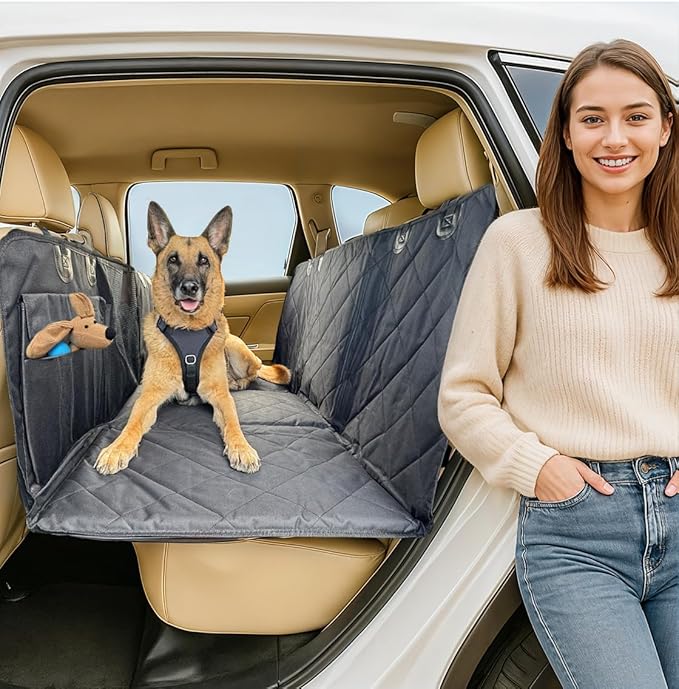 APetsPlanet Dog Car Seat Cover for Back Seat Hard Bottom - Waterproof Backseat Extender for Dogs - Pet Hammock for Car, Truck, SUV - Protector Bed with Mesh Window &amp; Storage - Black, No Door Covers