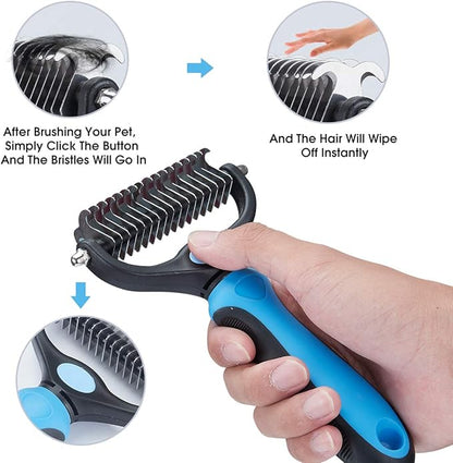 Pet Grooming Tool - 2 Sided Undercoat Rake for Cats and Dogs - Safe Dematting Comb for Easy Mats &amp; Tangles Removing - No More Nasty Shedding and Flying Hair