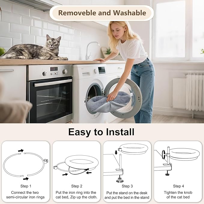 Cat Desk Bed with Summer Colling Mat, 360° Rotating &amp; Height Adjustable Indoor Cat Nest, Large Desktop Cats Perch for Home Offcice Space Saving, Supports Up to 40 lbs, Machine Washable Removable Cover
