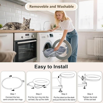Cat Desk Bed with Summer Colling Mat, 360° Rotating &amp; Height Adjustable Indoor Cat Nest, Large Desktop Cats Perch for Home Offcice Space Saving, Supports Up to 40 lbs, Machine Washable Removable Cover