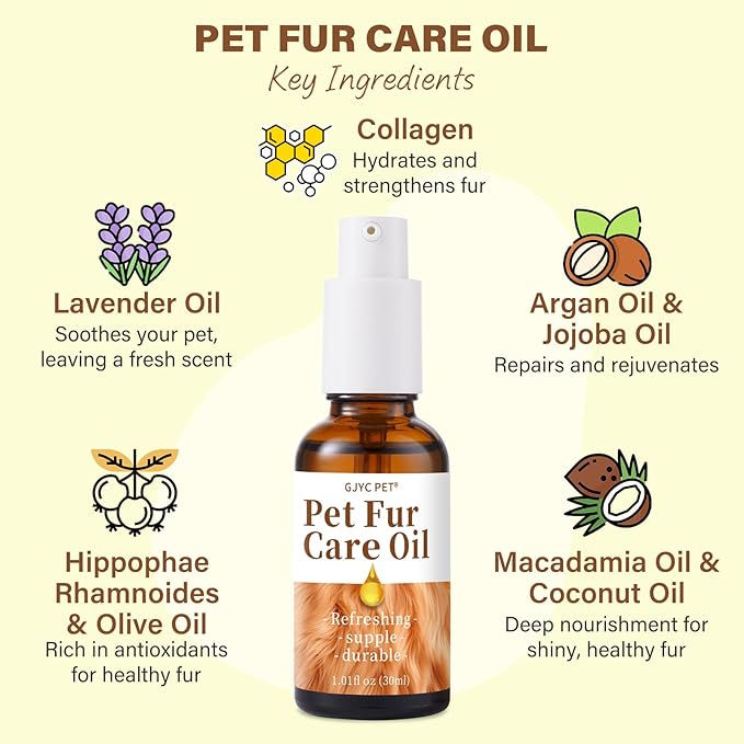 Pet Fur Care Oil - Detangles, Reduces Shedding - Adds Shine with Collagen &amp; Natural Oils - Leave-in Conditioner for Dogs &amp; Cats - 1.01 fl. oz