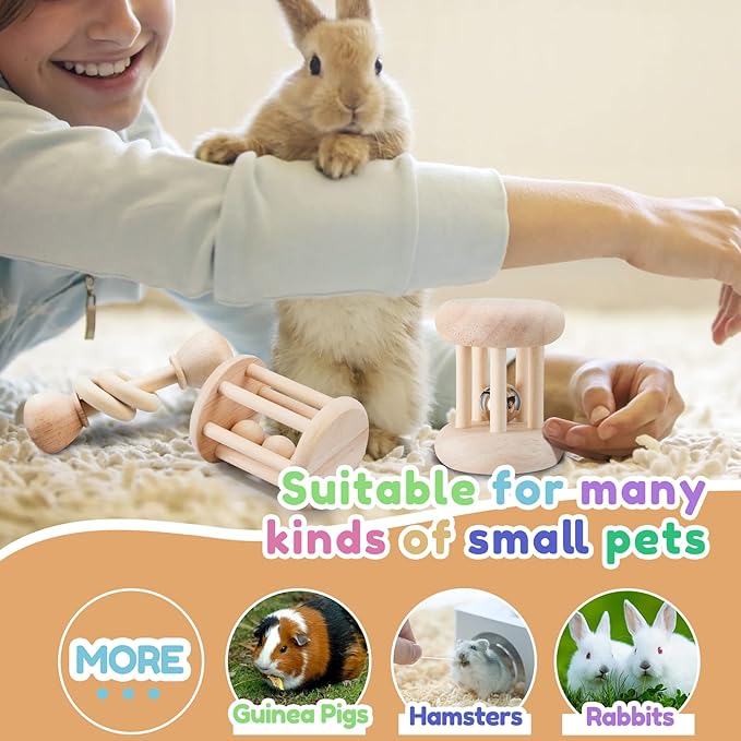3 Pcs Wooden Bunny Toys - Safe Rabbit &amp; Guinea Pigs Teeth Grinding Toys for Chinchillas, Hamsters &amp; Small Animals - Indoor &amp; Outdoor