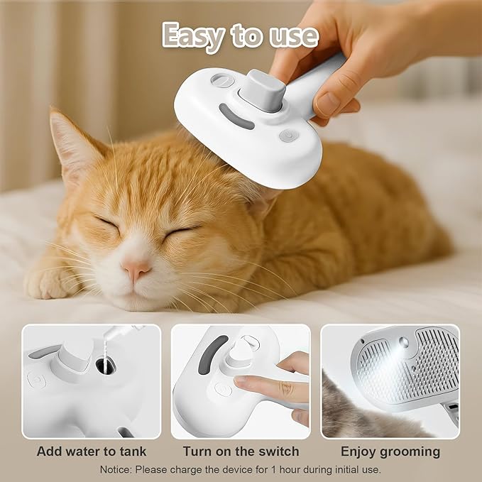 ‌3-in-1 Pet Steam Brush with Self-Cleaning &amp; Cool Mist‌ – Portable Grooming Tool for Cats &amp; Dogs, Long-Lasting Shedding Control &amp; Detangling, Refillable Water Tank &amp; Fast Charging