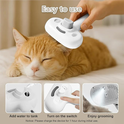 ‌3-in-1 Pet Steam Brush with Self-Cleaning &amp; Cool Mist‌ – Portable Grooming Tool for Cats &amp; Dogs, Long-Lasting Shedding Control &amp; Detangling, Refillable Water Tank &amp; Fast Charging