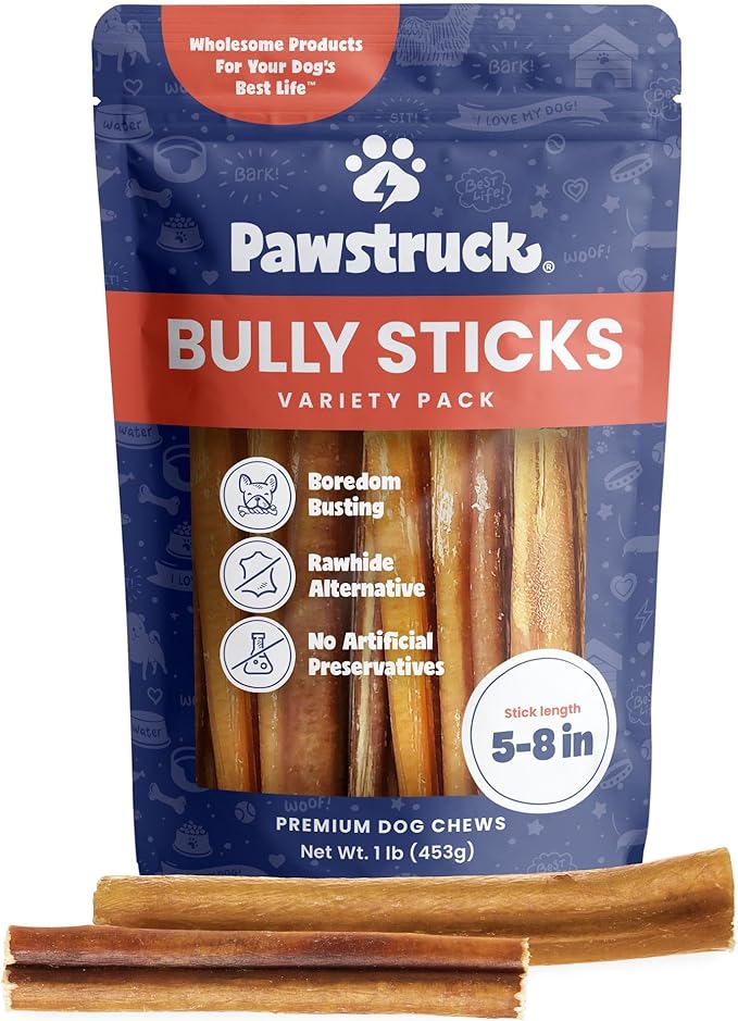 Pawstruck Premium 5-8" Bully Sticks for Dogs, 1 lb Bag - 100% Digestible, Natural Beef, Low Odor, Long-Lasting Chew for Medium &amp; Large Dogs - Single Ingredient, Rawhide-Free Treat