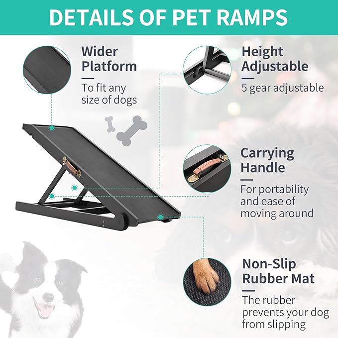 Dog Ramp, Adjustable Height Wooden Folding Pet Ramp for Bed, Couch,SUV-High Traction, Portable Paw Ramps for Small &amp; Large Old Dogs &amp; Cats - Furniture Quality