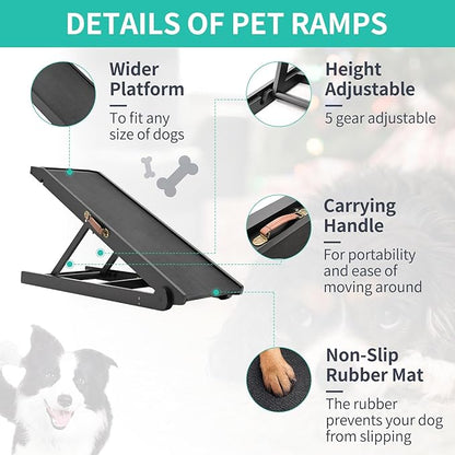 Dog Ramp, Adjustable Height Wooden Folding Pet Ramp for Bed, Couch,SUV-High Traction, Portable Paw Ramps for Small &amp; Large Old Dogs &amp; Cats - Furniture Quality