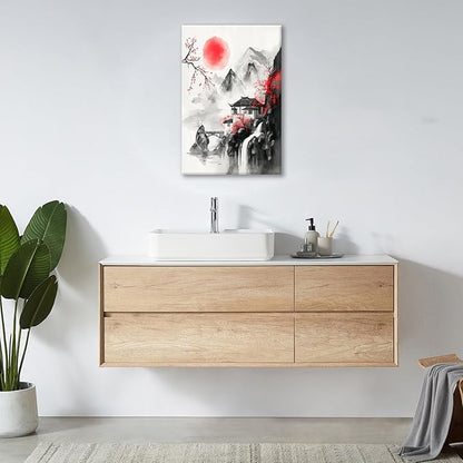 Japanese Wall Art Canvas Asian Nature Wall Decor Prints Framed Painting Mountain Landscape Pictures Gifts Artwork for Bathroom 16"x24"