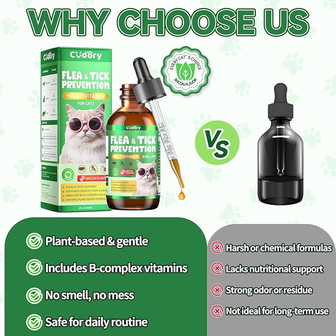 Flea &amp; Tick Support for Cats – Natural Herbal Drops with Multivitamin – Fleas and Ticks Comfort Formula for Cat All Breeds &amp; Ages – Bacon Flavor