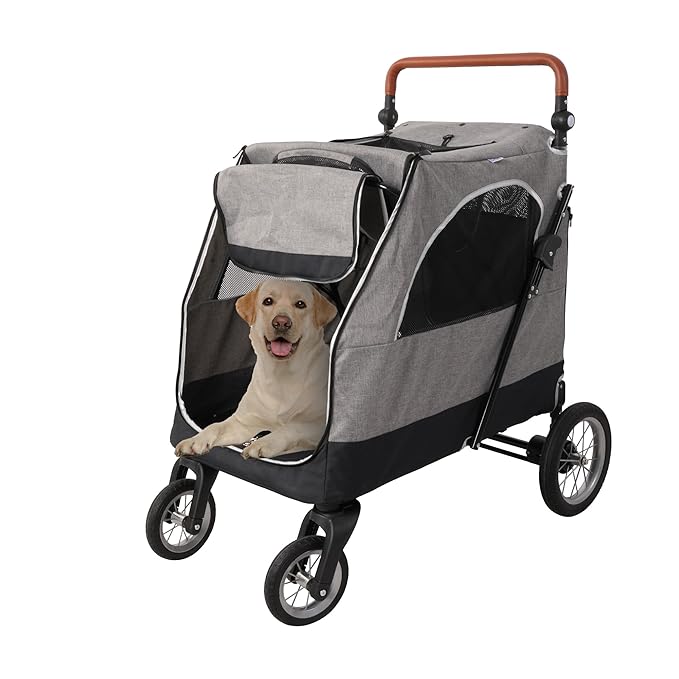 4 Wheel Pet Stroller with Storage Basket - Foldable &amp; Breathable with Mesh Skylight, Large Dog Stroller with Adjustable Handle - Ideal for Travel and Walking with Medium to Large Dogs, Up to 120 lbs