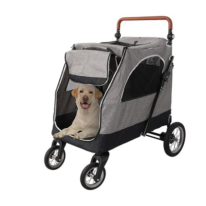 4 Wheel Pet Stroller with Storage Basket - Foldable &amp; Breathable with Mesh Skylight, Large Dog Stroller with Adjustable Handle - Ideal for Travel and Walking with Medium to Large Dogs, Up to 120 lbs