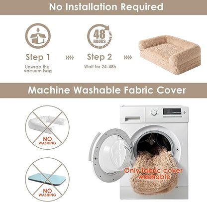 EHEYCIGA Foldable XL Dog Bed, Faux Fur Fluffy Pet Couch Bed for Large Dogs, Orthopedic Calming Memory Foam Big Pet Bed, Washable Soft Pet Sofa Bed with Non-Slip Bottom, Camel, 46"x34"x6.5"